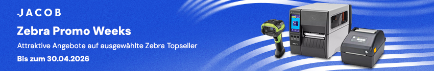 Aktionshinweise:Bei den Zebra Promo Weeks erhältst du attraktive Preise auf ausgewählte Zebra Etikettendrucker und Barcode-Scanner. Sichere dir noch bis zum 30.04.2026 dein individuelles Angebot. Sende deine Anfrage einfach direkt an kontakt@jacob.de – du erhältst innerhalb von 24h dein maßgeschneidertes Angebot mit Topkonditionen und deiner persönlichen Beratung.